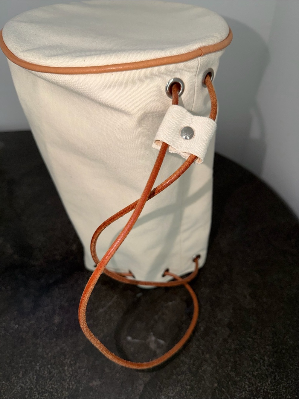 Hermes Cream Canvas Bucket Bag w/ Brown Leather Drawstring - Authentic Pre-Loved - Picture 10 of 11